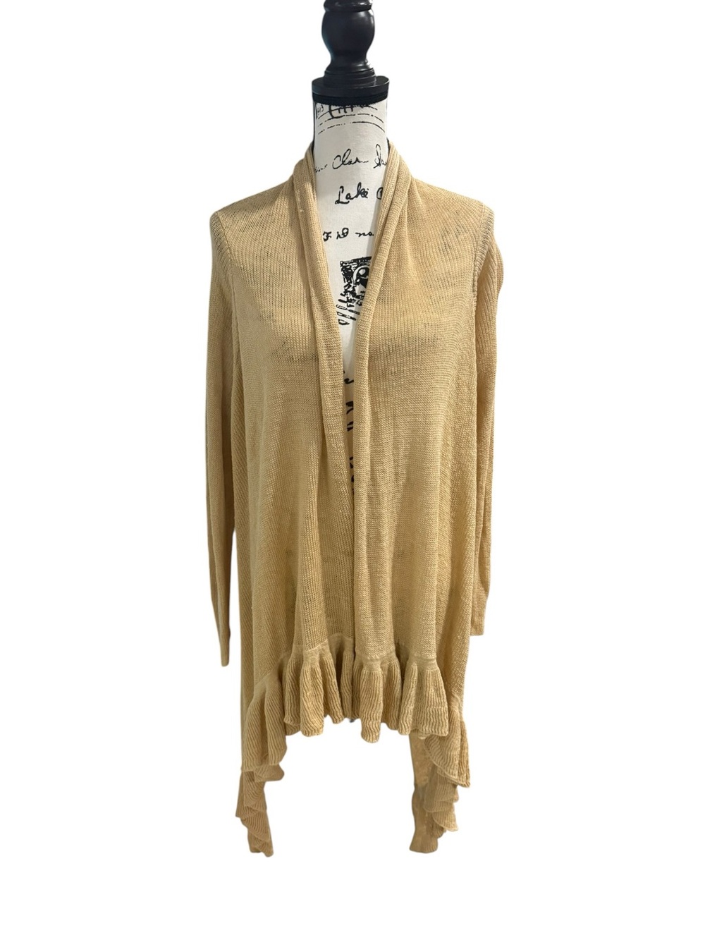 Lauren Ralph Lauren Kensing Ruffled Cardigan Sweater Linen Knit Tan S/M